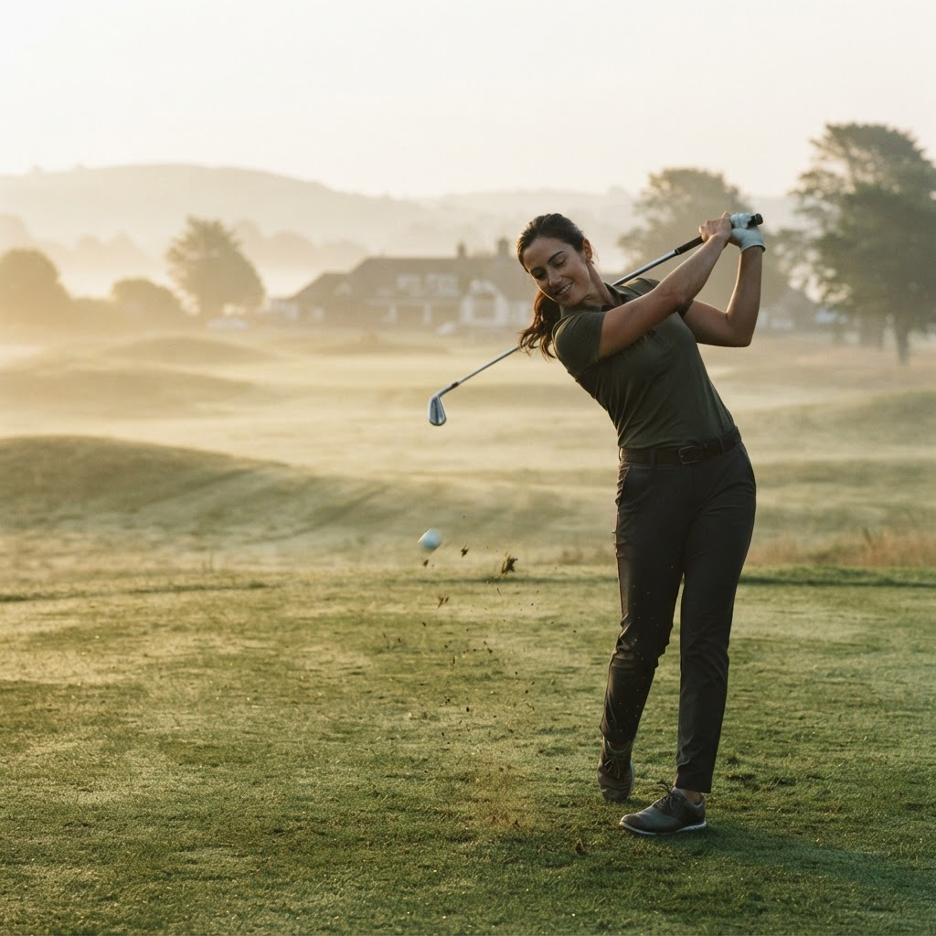 A golfer captured mid-swing, showing spinal rotation
